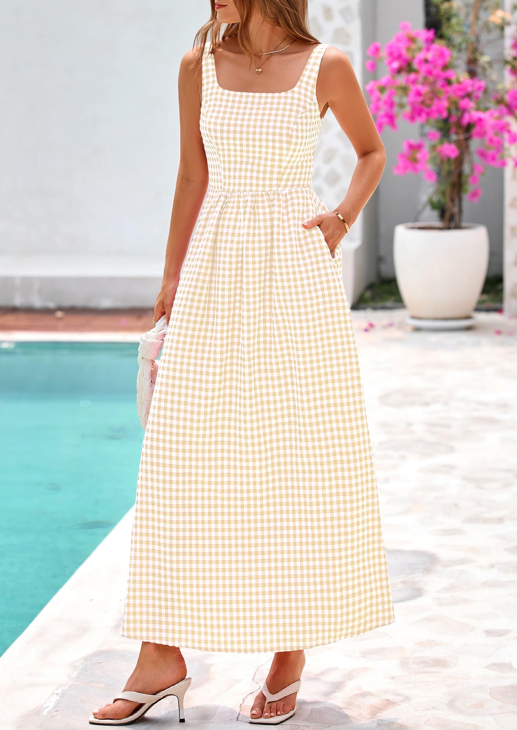 PRETTYGARDEN Women's Summer Spaghetti Strap Maxi Dresses Plaid Square Neck A Line Casual Beach Vacation Long Sundress