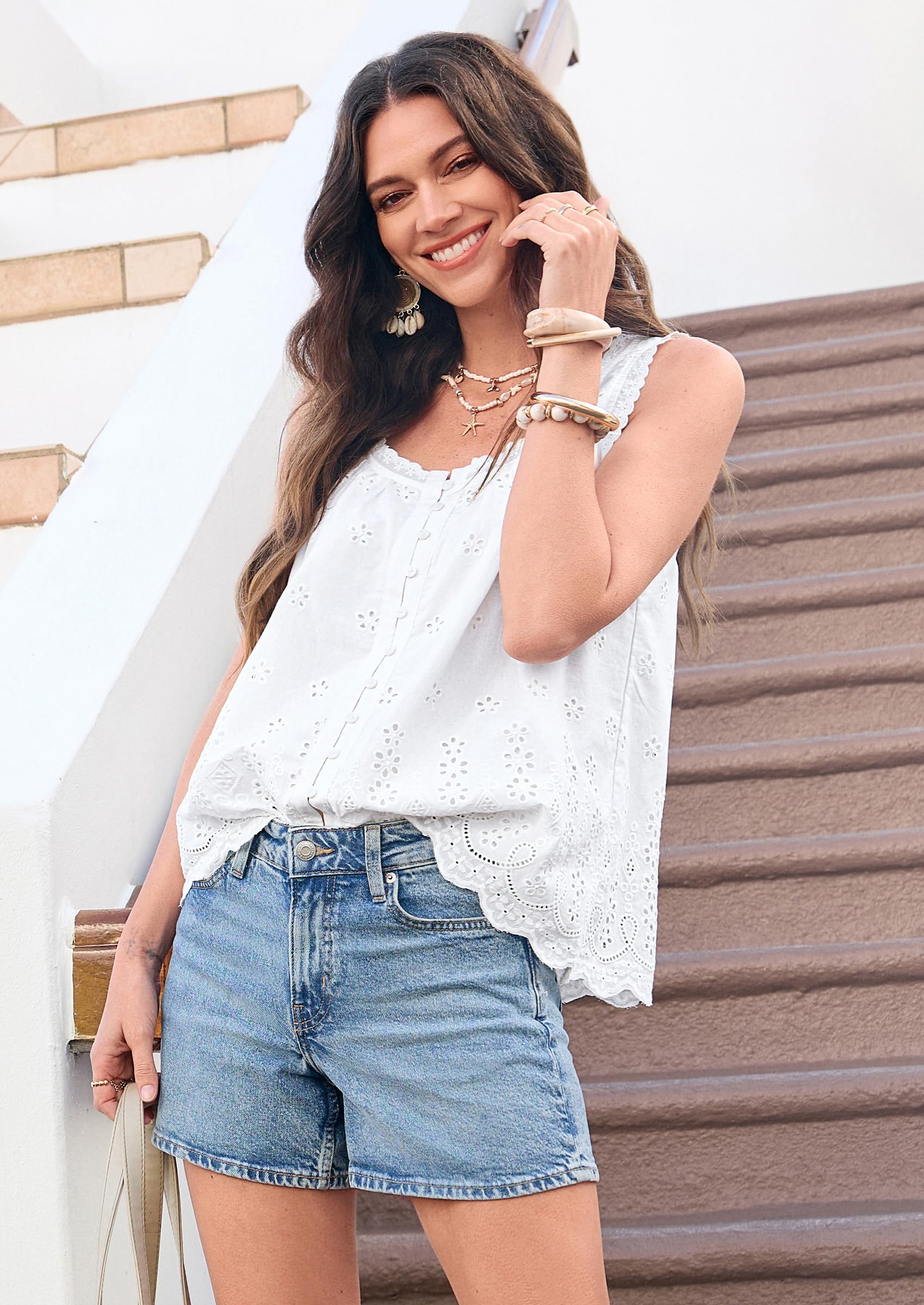 PRETTYGARDEN Womens Tank Tops 2026 Summer Button Down Shirts Embroidered Eyelet Dressy Casual Blouses Beach Vacation Clothes