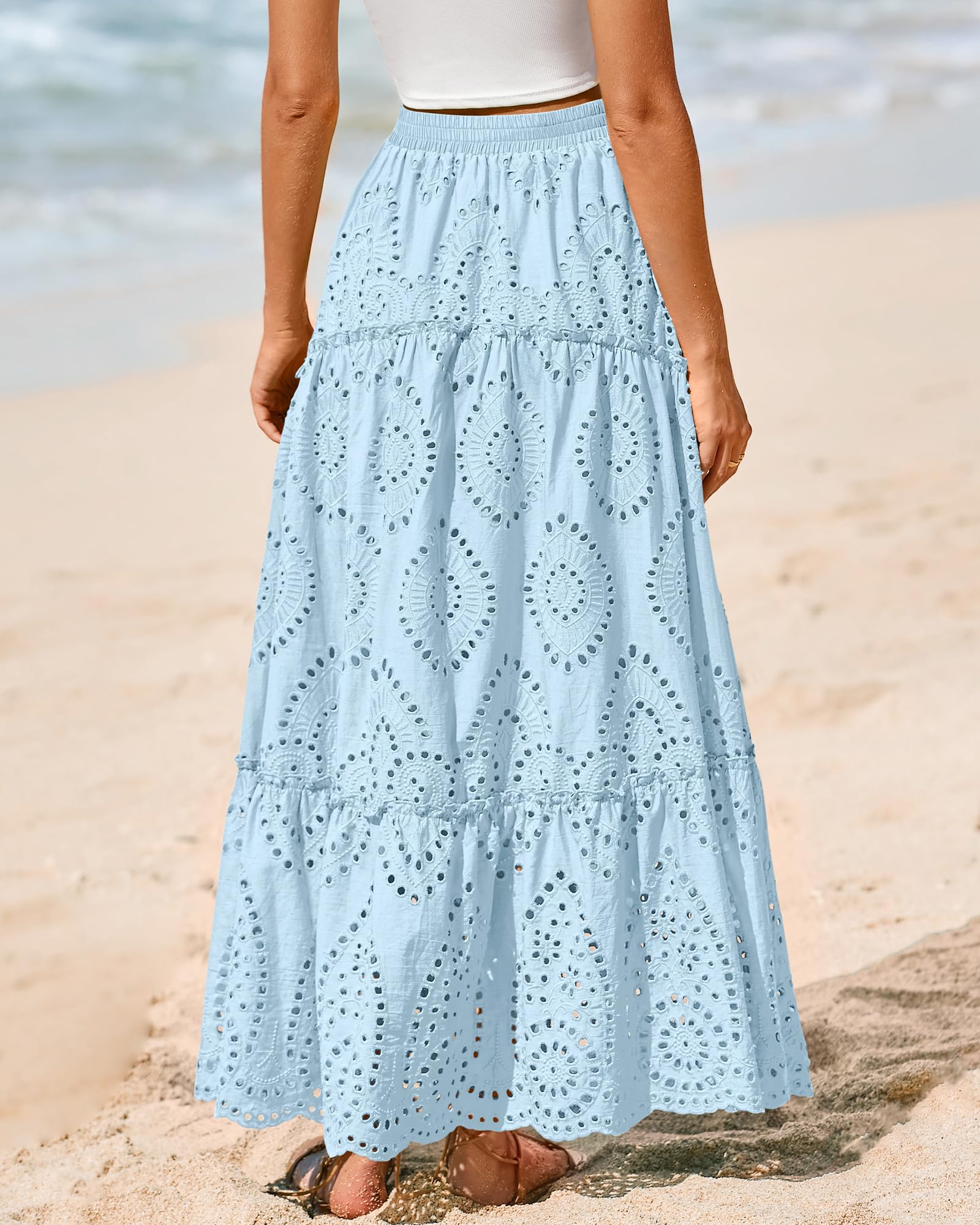 BTFBM Long Skirts for Women Summer Boho Lace Embroidery High Waist Flowy Tiered Spring Maxi Skirt Beach Vacation