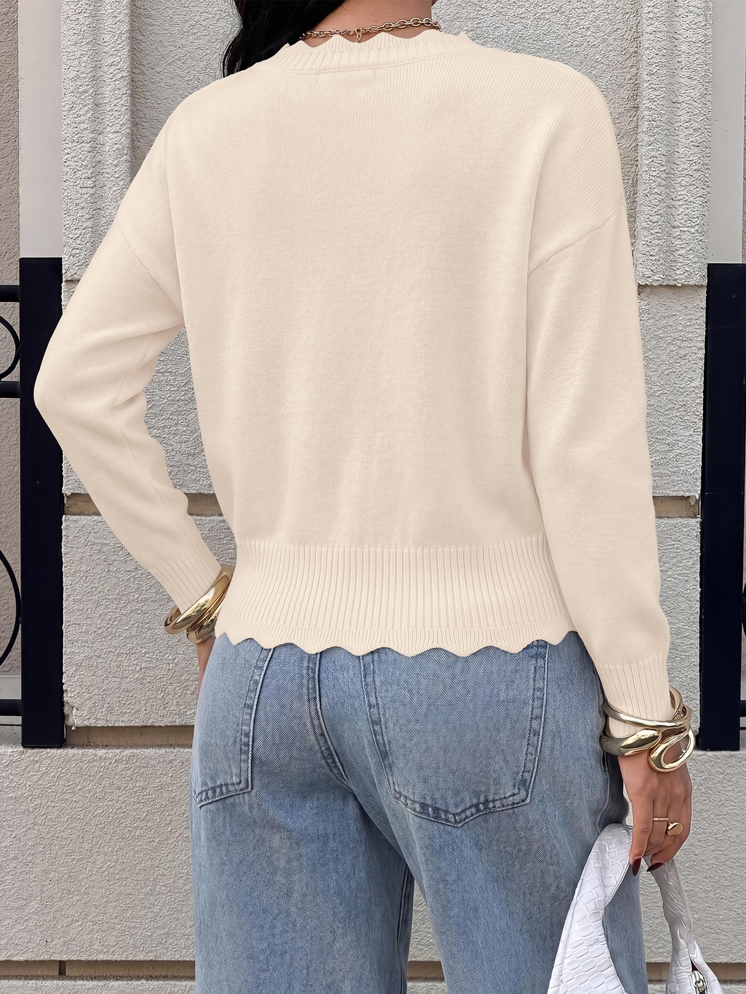 BTFBM Fall Long Sleeve Sweaters for Women | V Neck,Drop Shoulders,Scallop Edges,Lightweight Knit Sweaters Top,Daily Wear,Holiday,Christmas,Winter Clothing