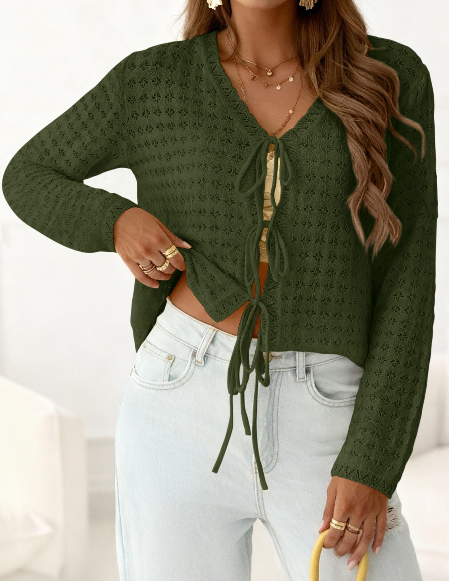 PRETTYGARDEN Crochet Cardigan Sweaters for Women Trendy Spring Summer Long Sleeve Tie Front Tops Boho Beach Vacation Clothes