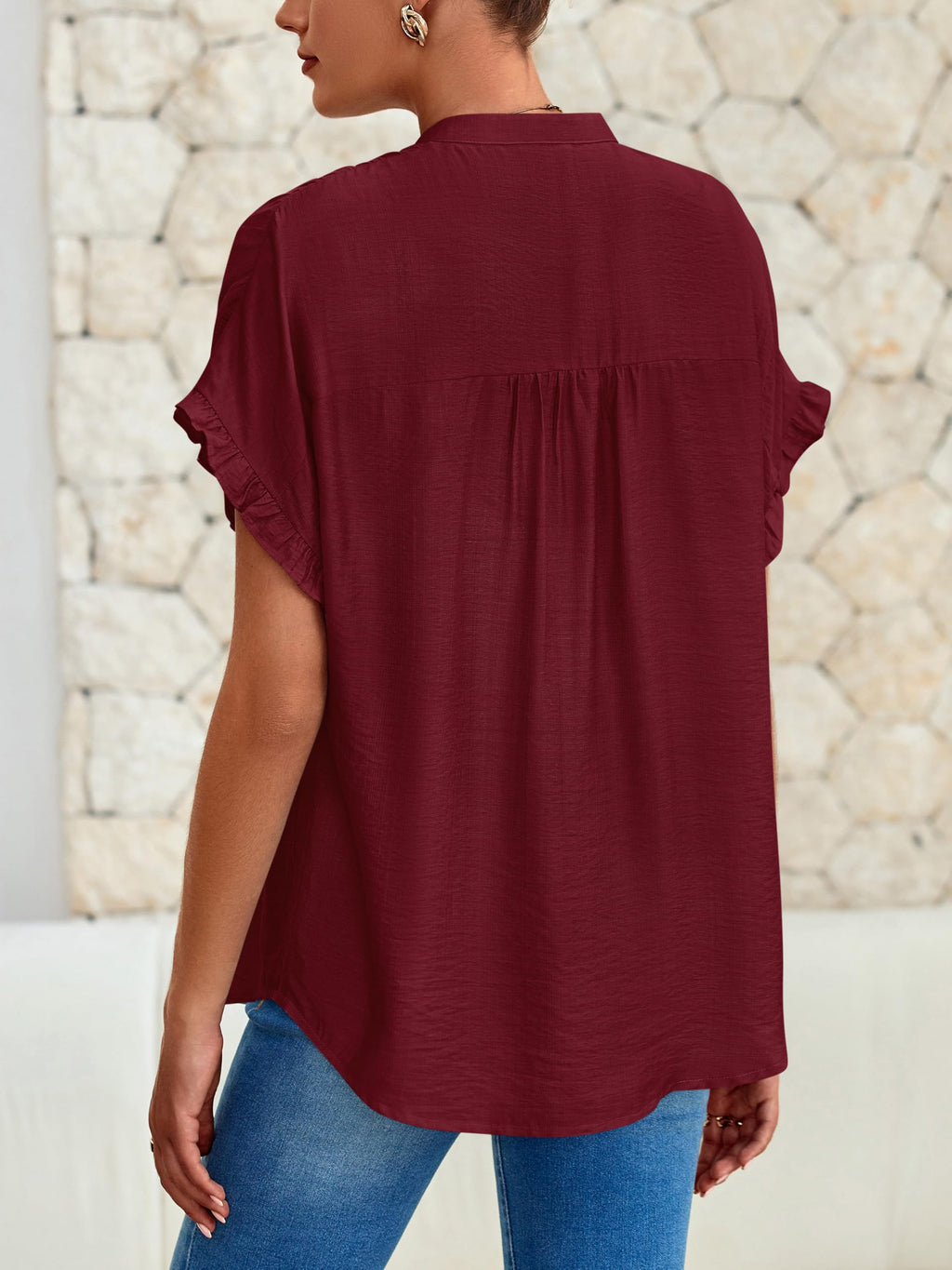 FreshPretty Womens Button Down Shirts Ruffle Short Sleeve Loose Summer Tops Dressy Casual V Neck Business Work Blouses