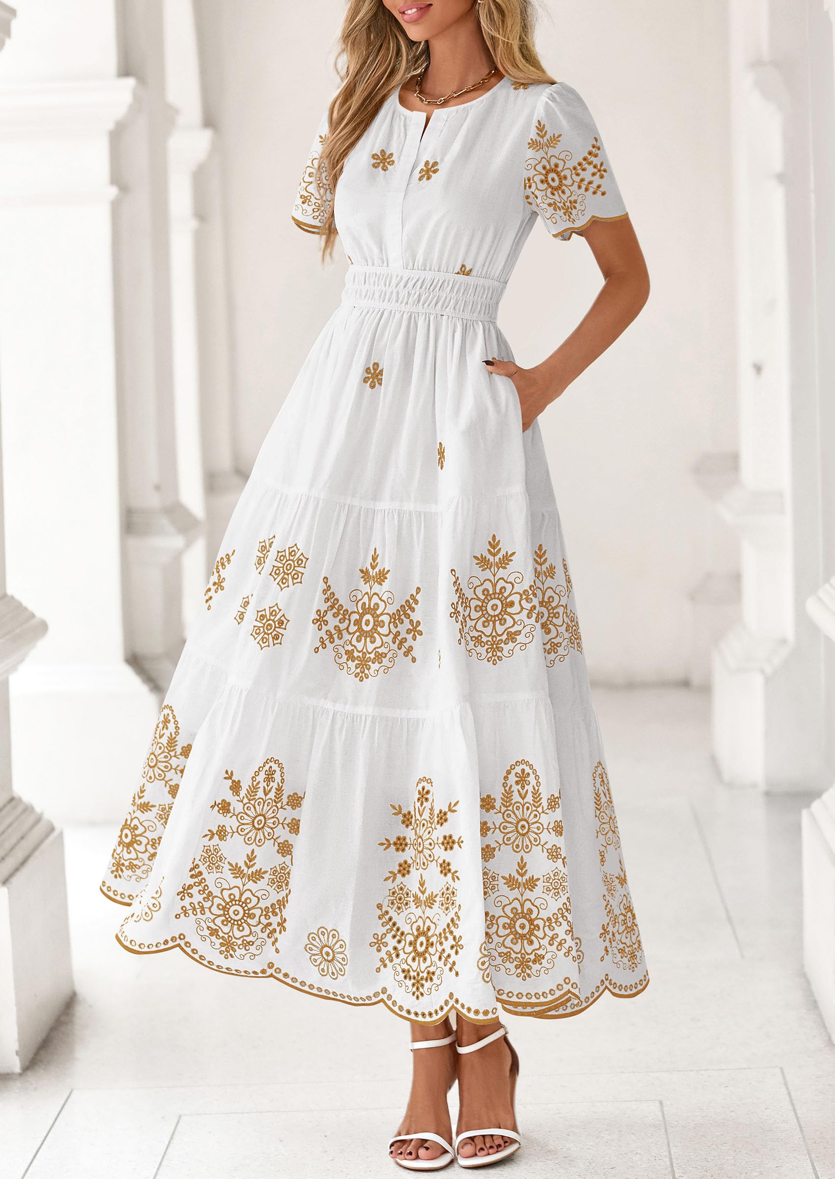 PRETTYGARDEN Boho Dresses for Women Summer Spring Casual Floral Short Sleeve V Neck Maxi Elastic Waist Dress Pockets