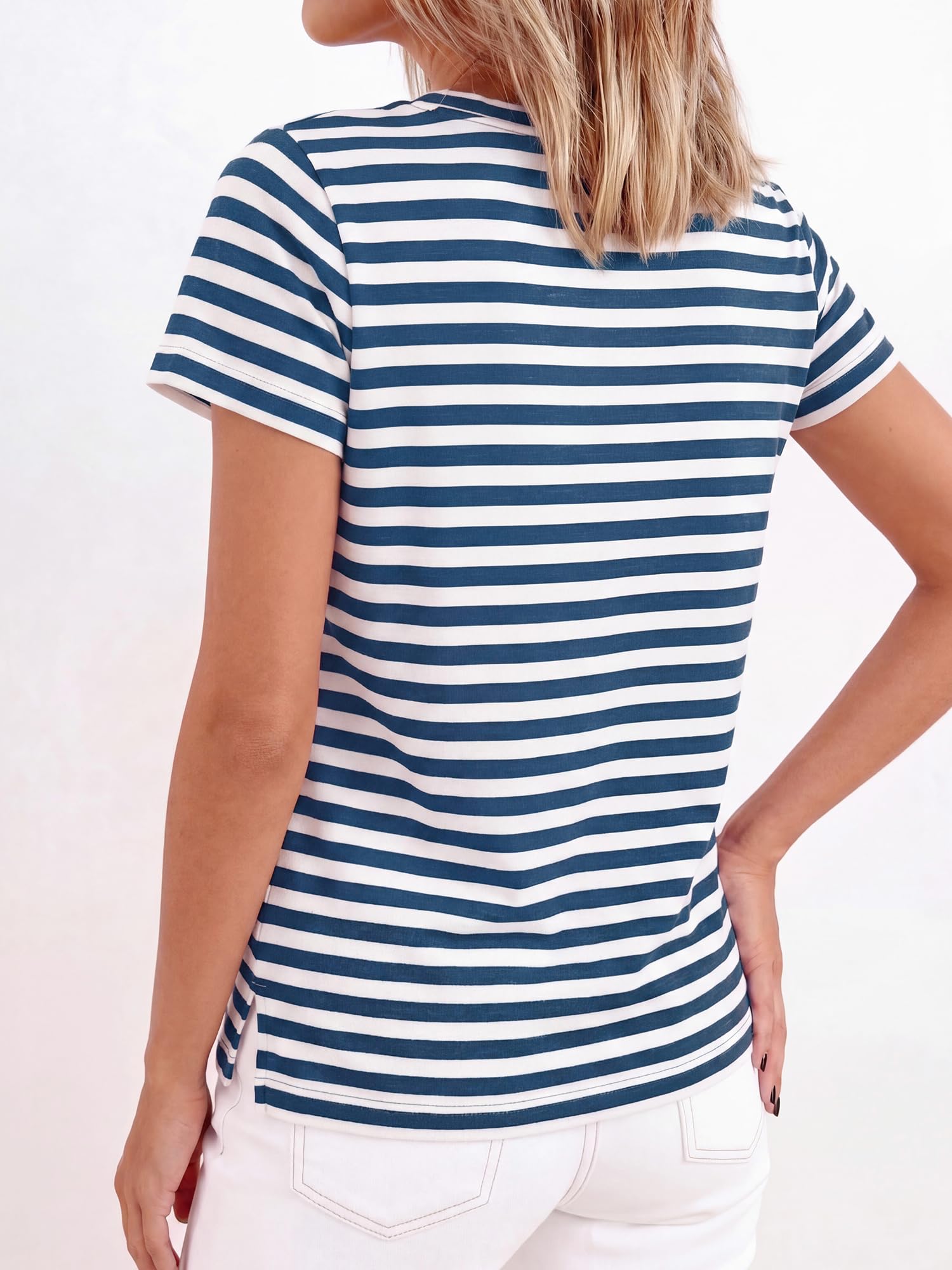 BTFBM Tops for Women Trendy Summer Crew Neck Short Sleeve T Shirts Striped Casual Vacation Blouse Basic Tee