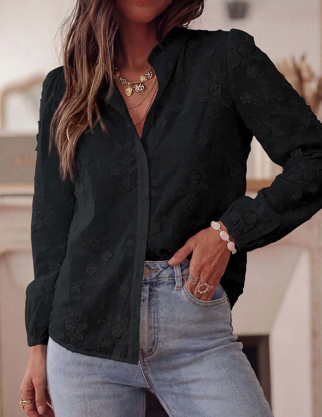 PRETTYGARDEN Women's Floral Embroidered Button Down Shirts | Ladies Dressy Fall Blouses, Long Sleeves, Ruffle Neck, Elegant Boho Eyelet Tops for Work, Business & Spring Casual Outings