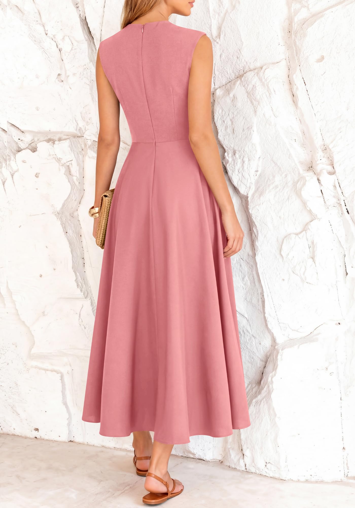 BTFBM Summer Dresses for Women Mock Neck Sleeveless High Waist Flowy Aline Maxi Spring Wedding Guest Dress Cocktail