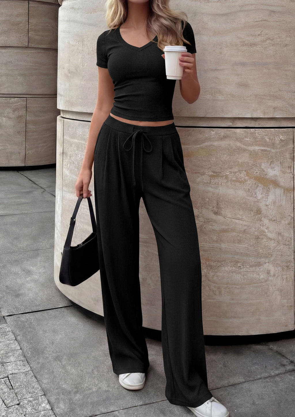 PRETTYGARDEN 2 Piece Sets for Women Summer Spring Lounge Set Matching V Neck Tops Wide Leg Pants Airport Travel Outfits