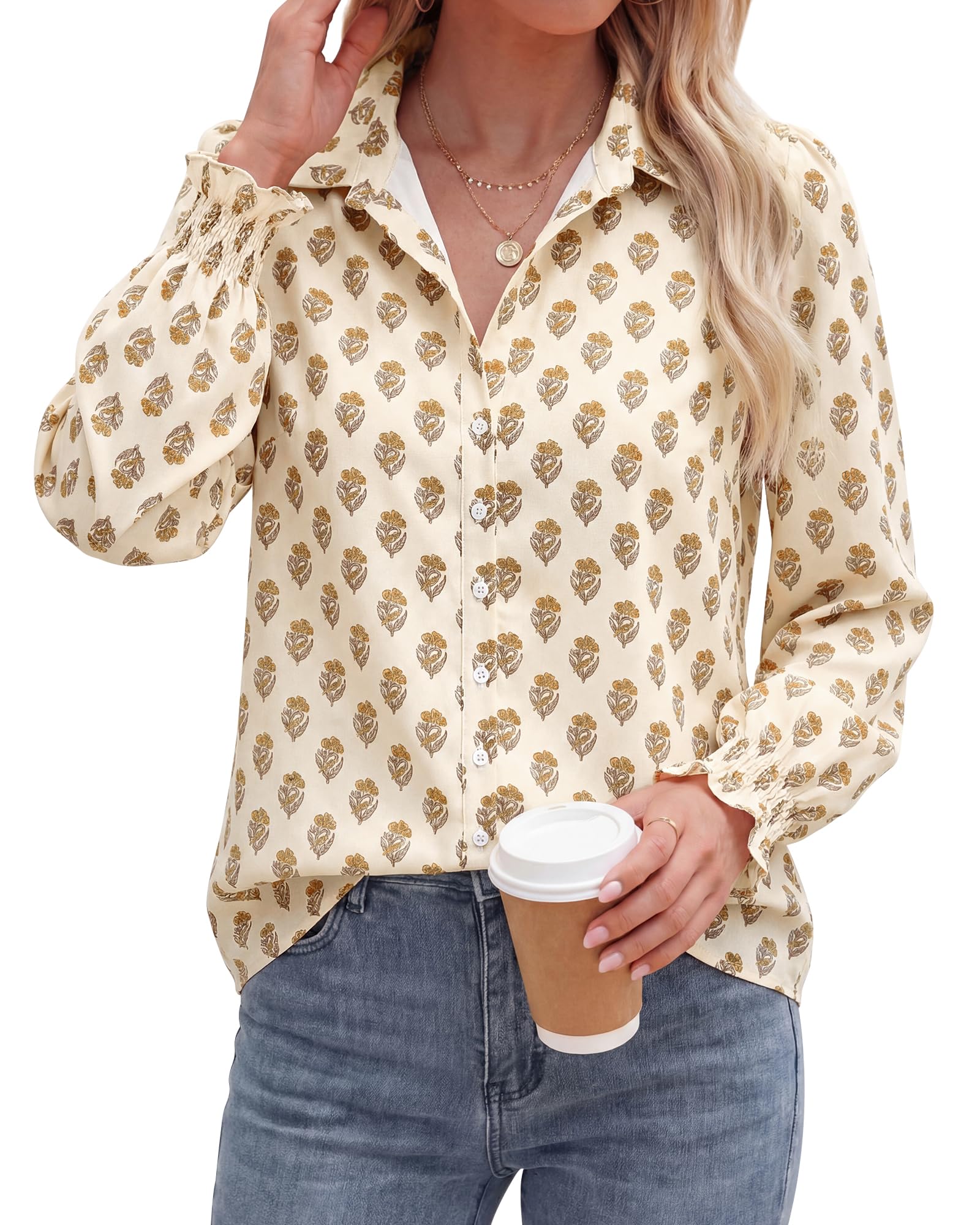 BTFBM Long Sleeve Blouses for Women, Floral V Neck Button Down Shirts, Smocked Cuffs, Business Casual Summer Outfits