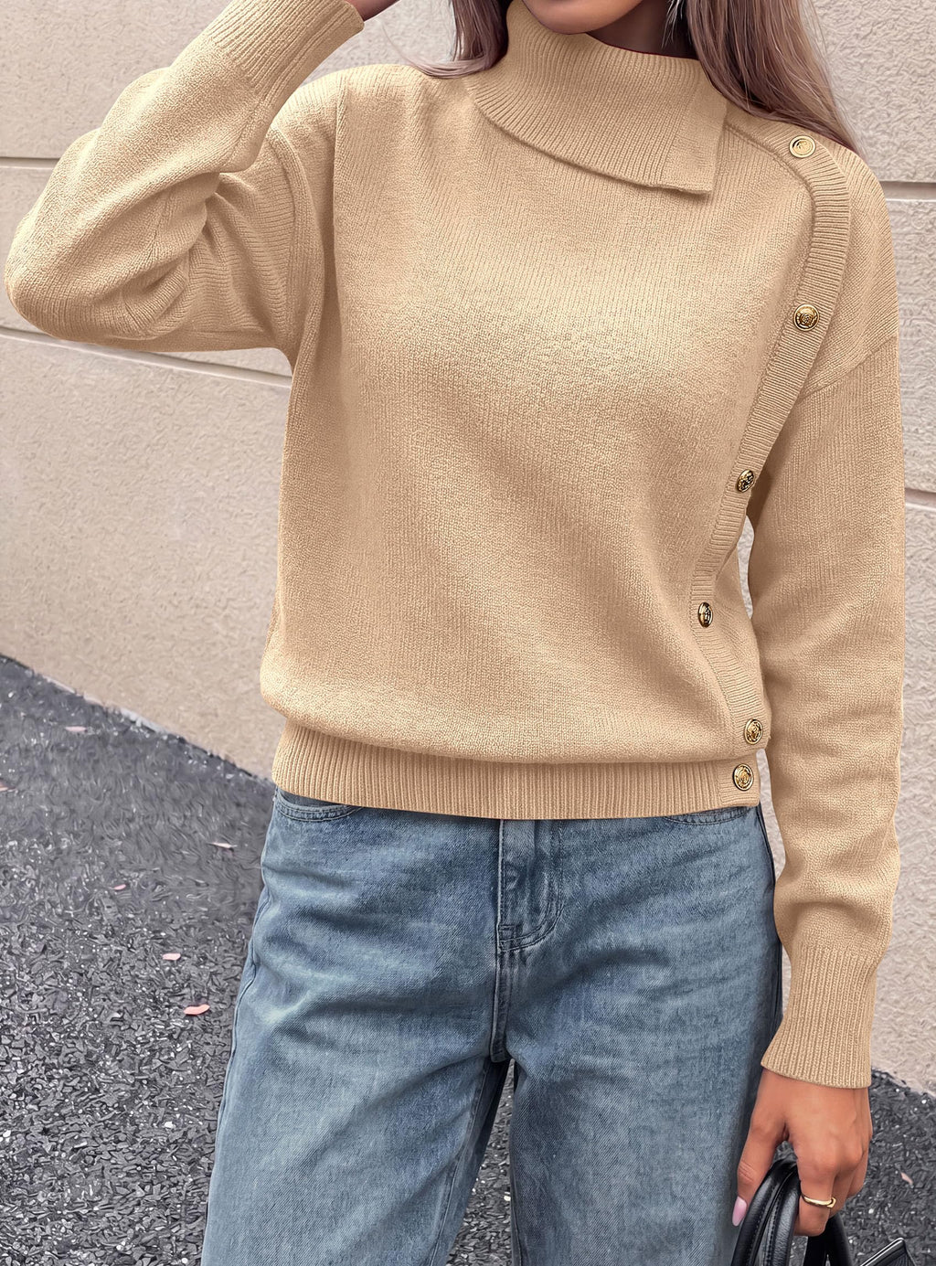 PRETTYGARDEN Womens Turtleneck Sweater Pullover Side Button Fall Clothes Stretchy Knit,Dropped Shoulder,Ribbed Cuffs,Asymmetrical,Jumper Long Sleeve Tops,Work Offices