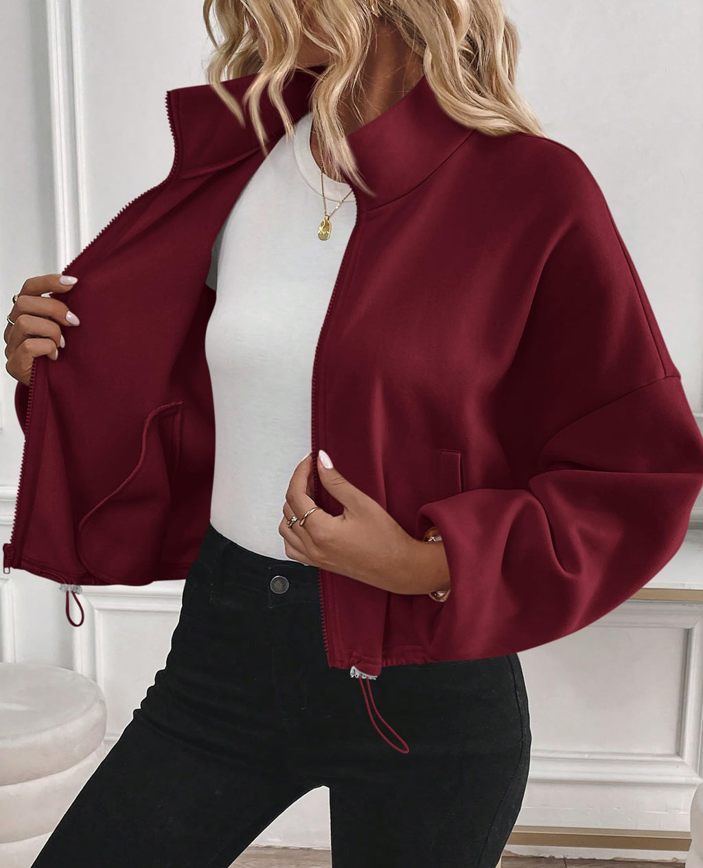 PRETTYGARDEN Womens Zip Up Fleece Cropped Sweatshirt Jacket Oversized Loose Soft Stand Collar with Drawstring Hem, Long Sleeve Casual Coat With Pockets, Fall Outfits Winter Clothing