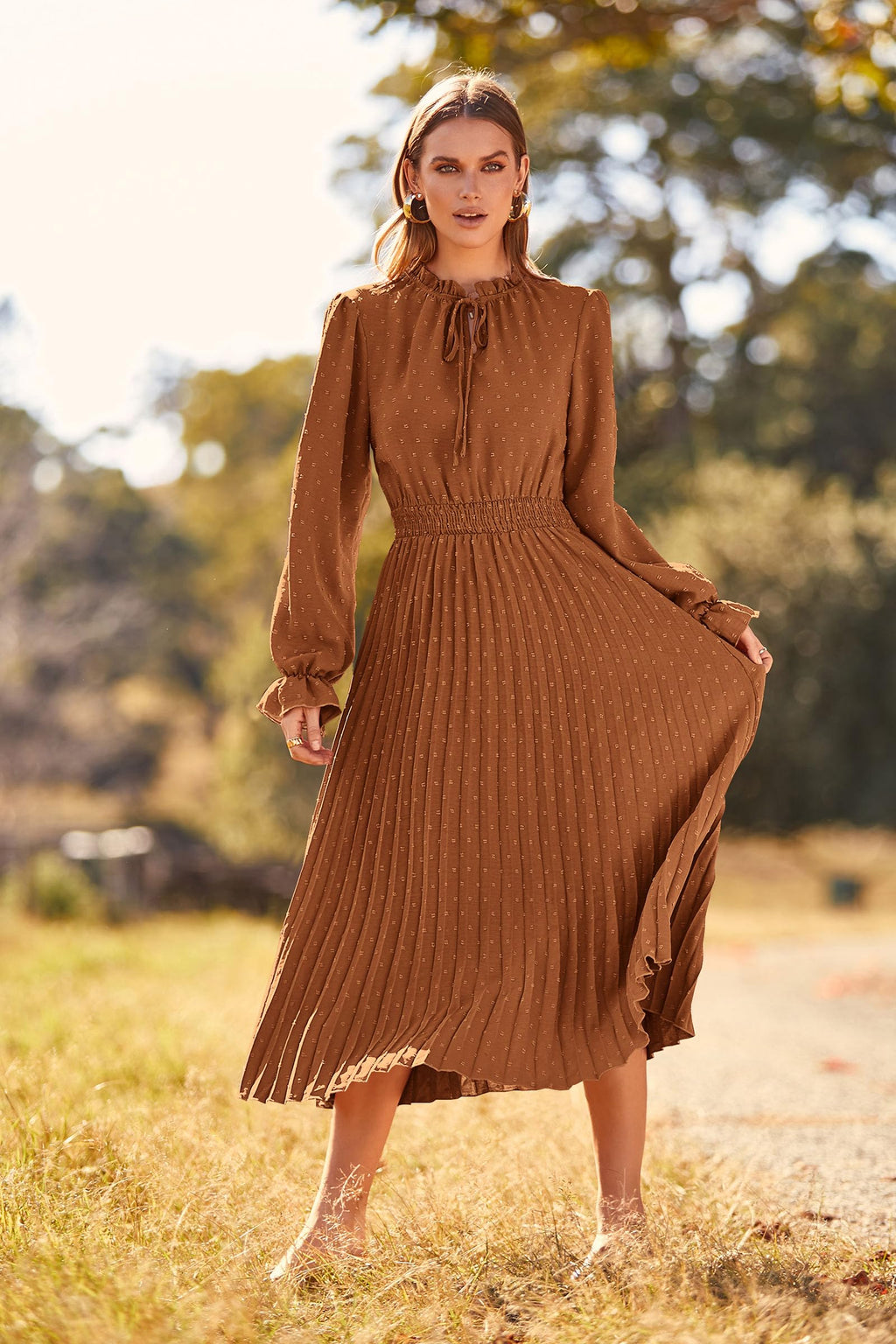 PRETTYGARDEN Women's Spring Fall Midi Dress Casual Long Sleeve V Neck Swiss Dot Pleated A Line Flowy Dresses