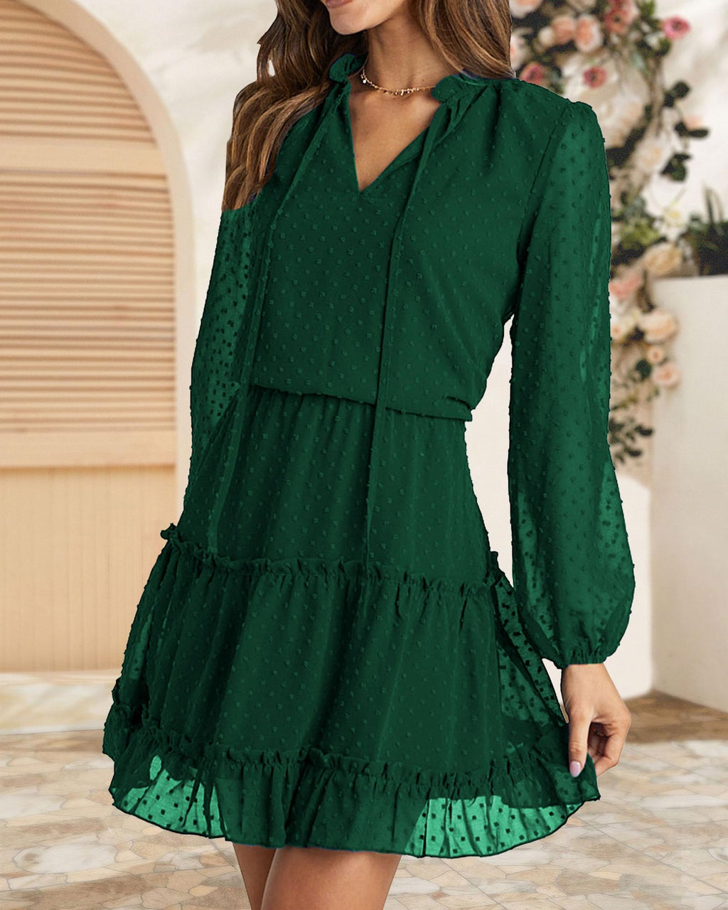 FreshPretty Long Sleeve Fall Dresses for Women Summer Casual Tie Neck Ruffle Tiered A Line Wedding Guest Short Mini Dress
