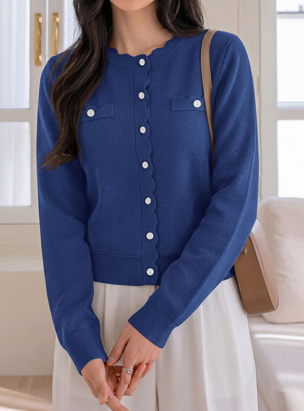 PRETTYGARDEN Cardigan Sweaters for Women Scalloped Button Up Fall Outfits Soft Knit Long Sleeve Knit Tops,Crew Neck,Business Casual Outfits,Office Work Lightweight Sweater,Layers Clothes