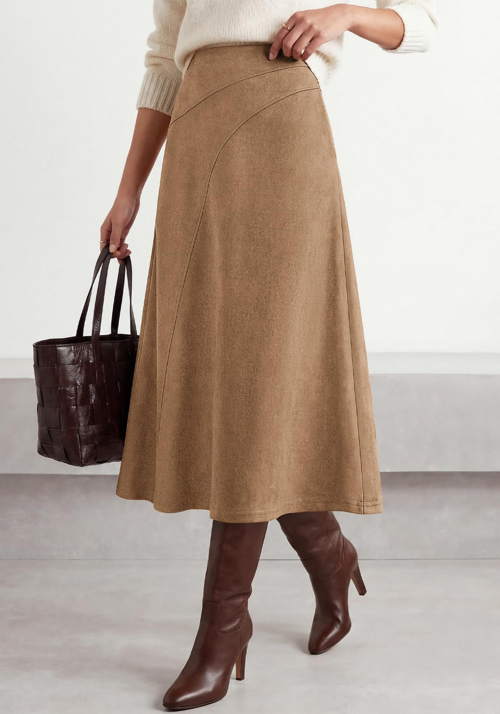 BTFBM Women Faux Suede Midi Long Skirt Fall Fashion | High Waisted Skirts For Women Trendy, Lightweight, Back Elastic, Arc Line Design, A-Line, Winter Dress, Boho Western Outfits