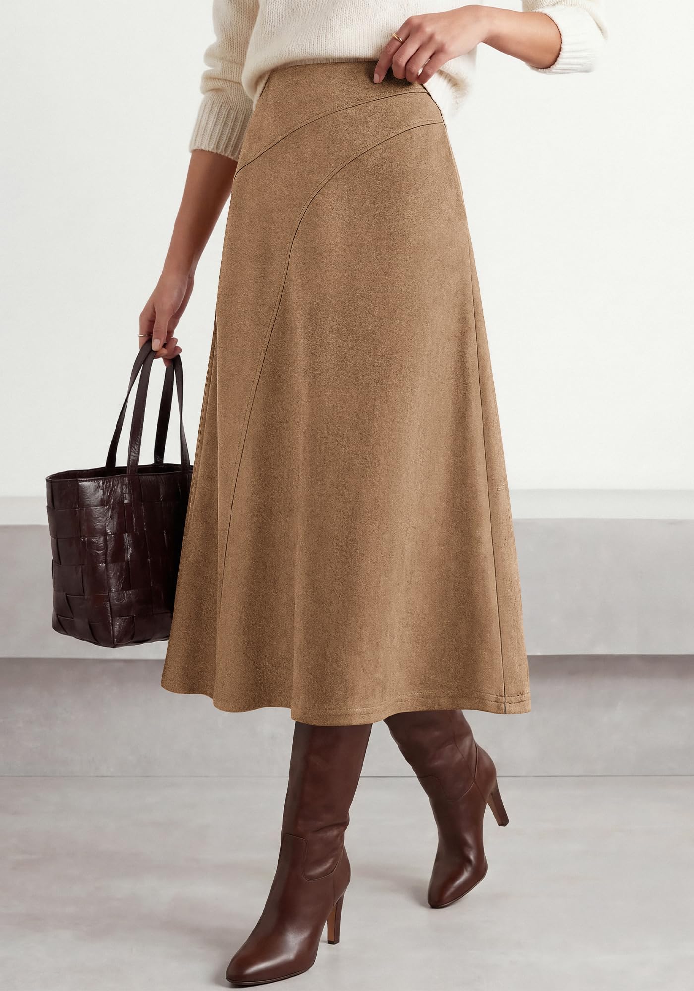 BTFBM Women Faux Suede Midi Long Skirt Fall Fashion | High Waisted Skirts For Women Trendy, Lightweight, Back Elastic, Arc Line Design, A-Line, Winter Dress, Boho Western Outfits