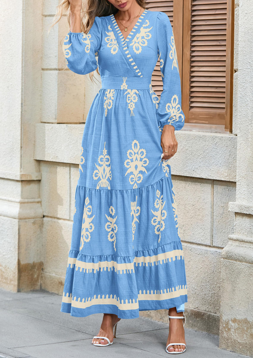 PRETTYGARDEN Women's Fall Wedding Guest Dresses Boho Floral Long Sleeve V Neck Flowy Elegant Maxi Dress Beach Clothes