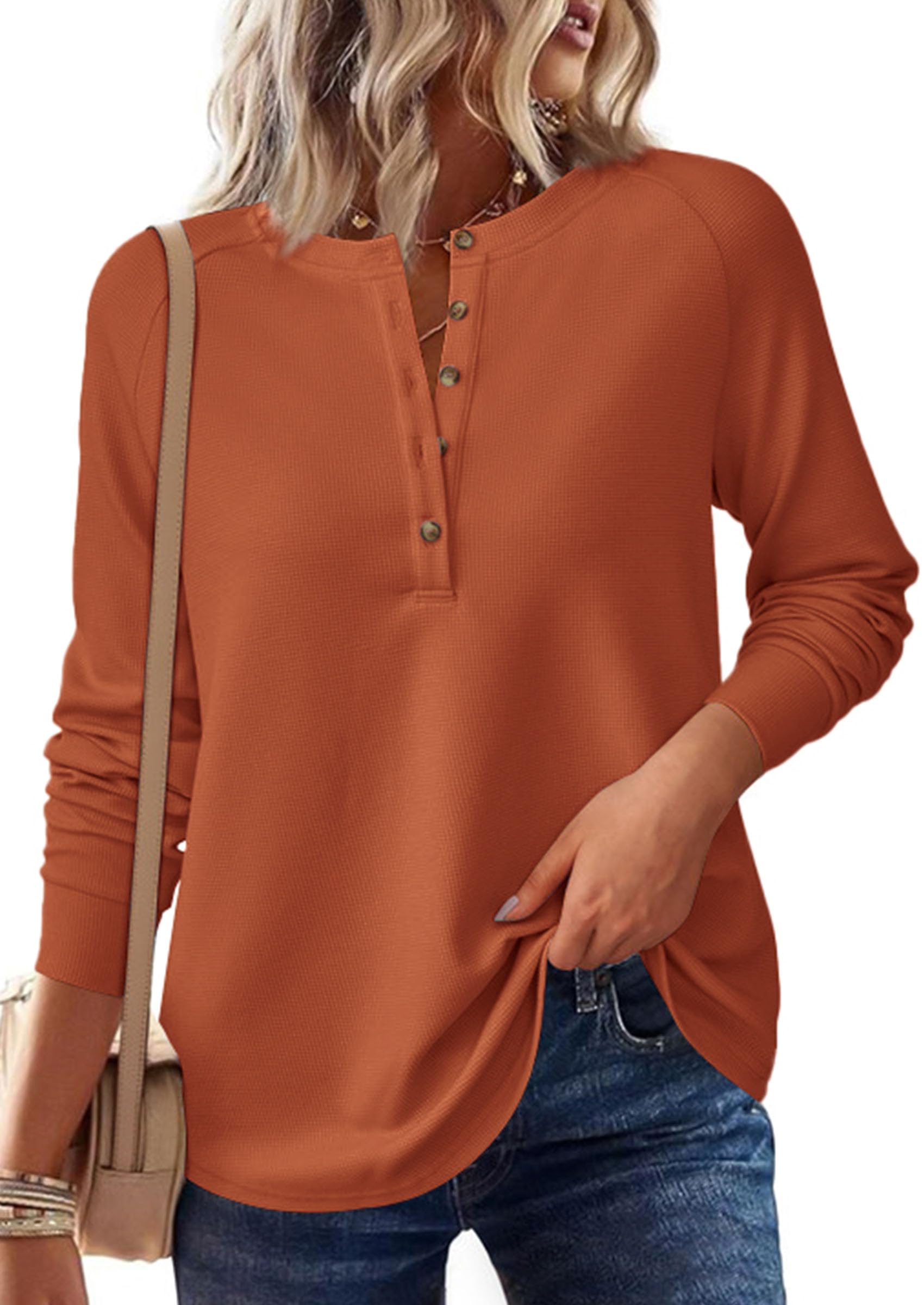 PRETTYGARDEN Women's Long Sleeve Waffle Knit Shirts Fall Casual Button Up Henley V Neck Tunic Tops Loose Fit Basic Tees