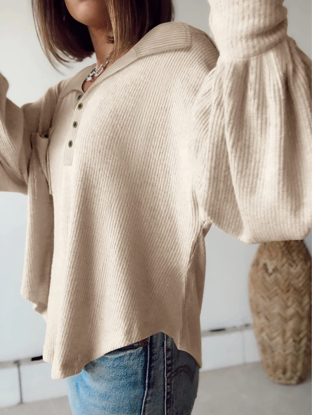 BTFBM Womens Fall Fashion Long Sleeve Shirts Casual V Neck Ribbed Knit Blouses Pullover Trendy Loose Fit Tunic Tops