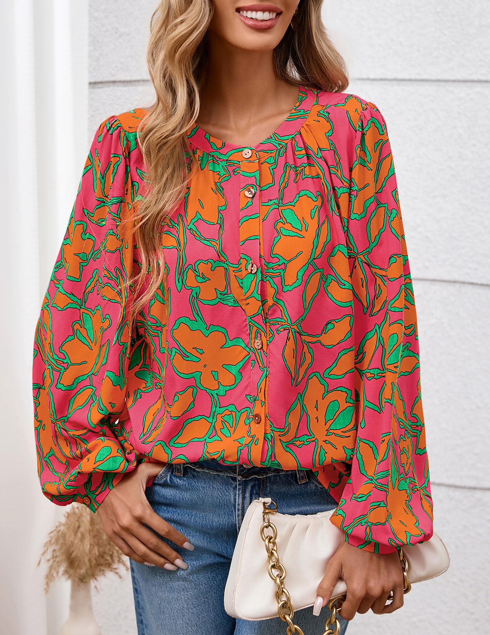 PRETTYGARDEN Women's Floral Button Down Blouse Fall Fashion Dressy Casual Long Sleeve Oversized Shirts Top Boho Clothes