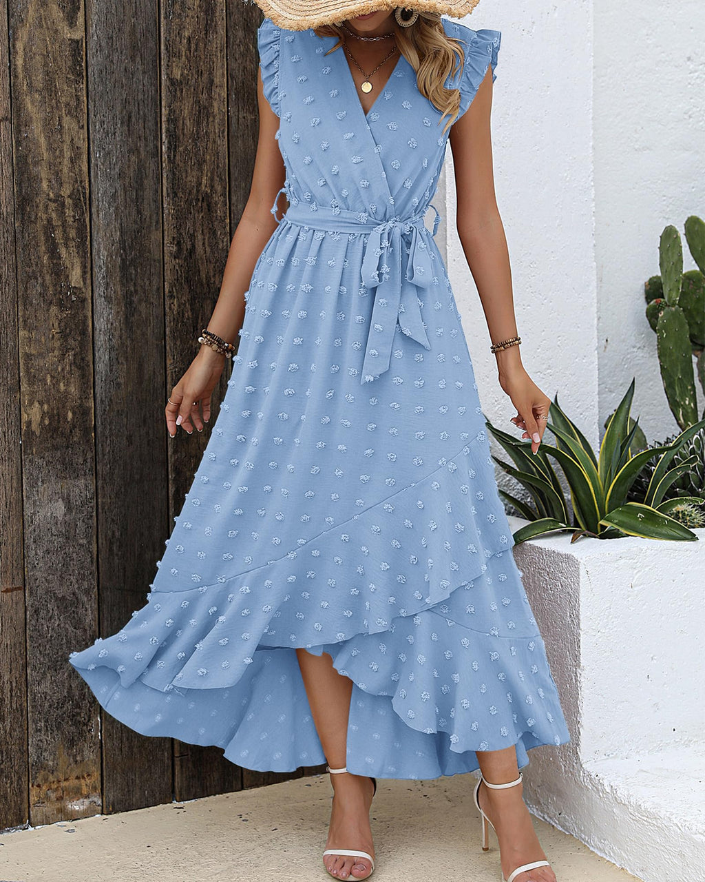 FreshPretty Women V Neck Summer Dress Cap Sleeve Swiss Dot Boho Flowy Ruffle Slit Beach Party Long Maxi Cocktail Dresses