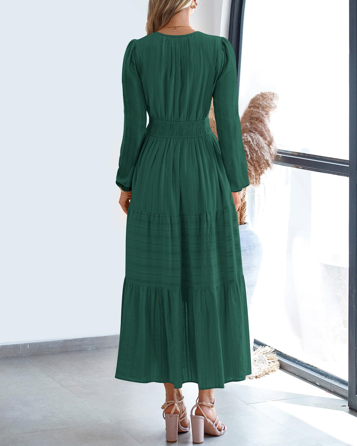 BTFBM Spring Dresses for Women 2026 Casual Long Sleeve V Neck Elastic Waist Lightweight Maxi Wedding Guest Dress Pockets