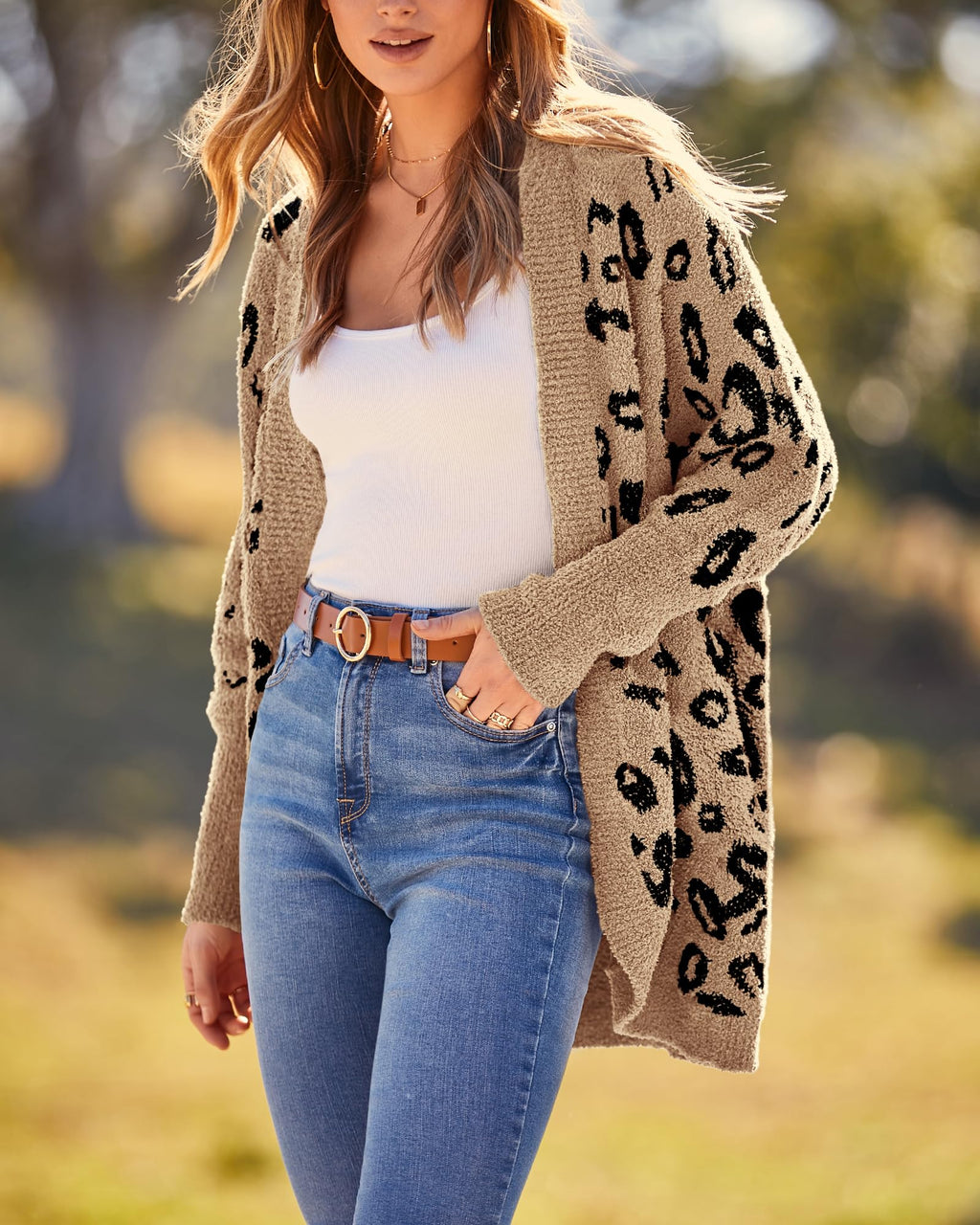FreshPretty Leopard Cardigan for Women Long Sleeve Open Front Cardigans Sweaters Pockets Loose Knit Fall Winter Outwear