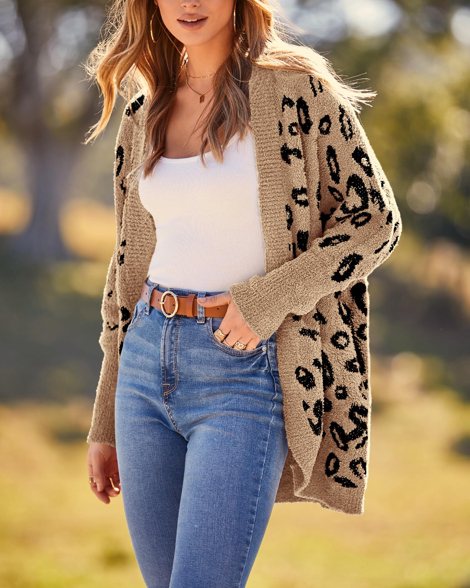 FreshPretty Leopard Cardigan for Women Long Sleeve Open Front Cardigans Sweaters Pockets Loose Knit Fall Winter Outwear