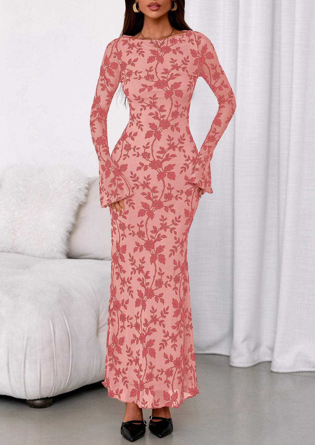 PRETTYGARDEN Women's Floral Bodycon Maxi Dress Fall Elegant Mesh Long Sleeve Formal Wedding Guest Cocktail Dresses