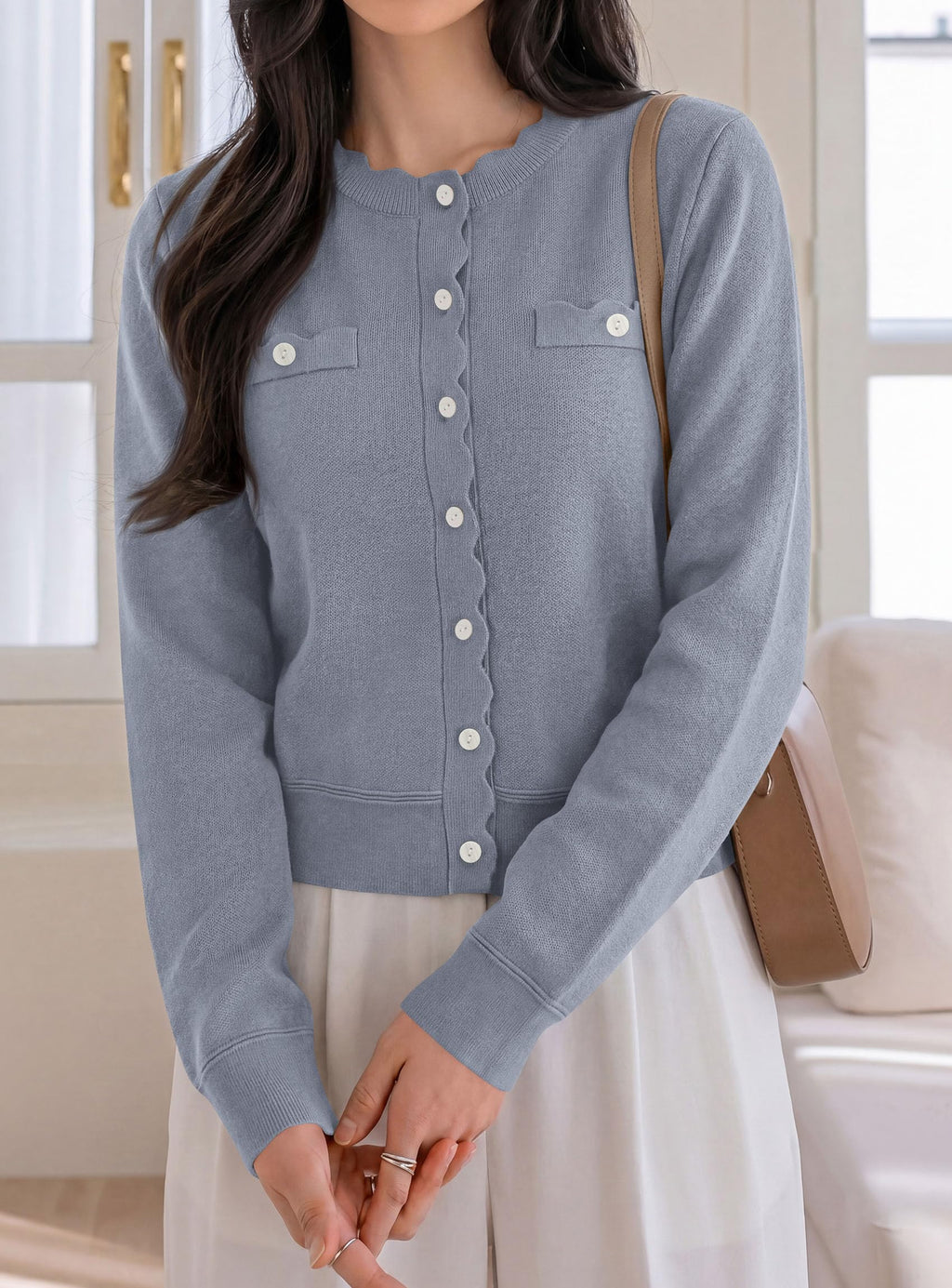 PRETTYGARDEN Cardigan Sweaters for Women Scalloped Button Up Fall Outfits Soft Knit Long Sleeve Knit Tops,Crew Neck,Business Casual Outfits,Office Work Lightweight Sweater,Layers Clothes