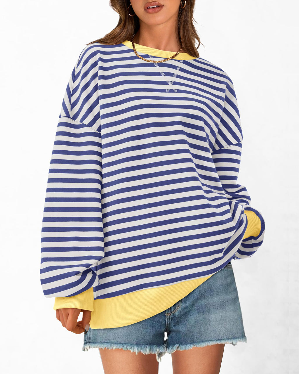 BTFBM Sweatshirt For Women Summer Crewneck Long Sleeve Oversized Striped Pullover Tops Y2K Clothes Workout Shirt