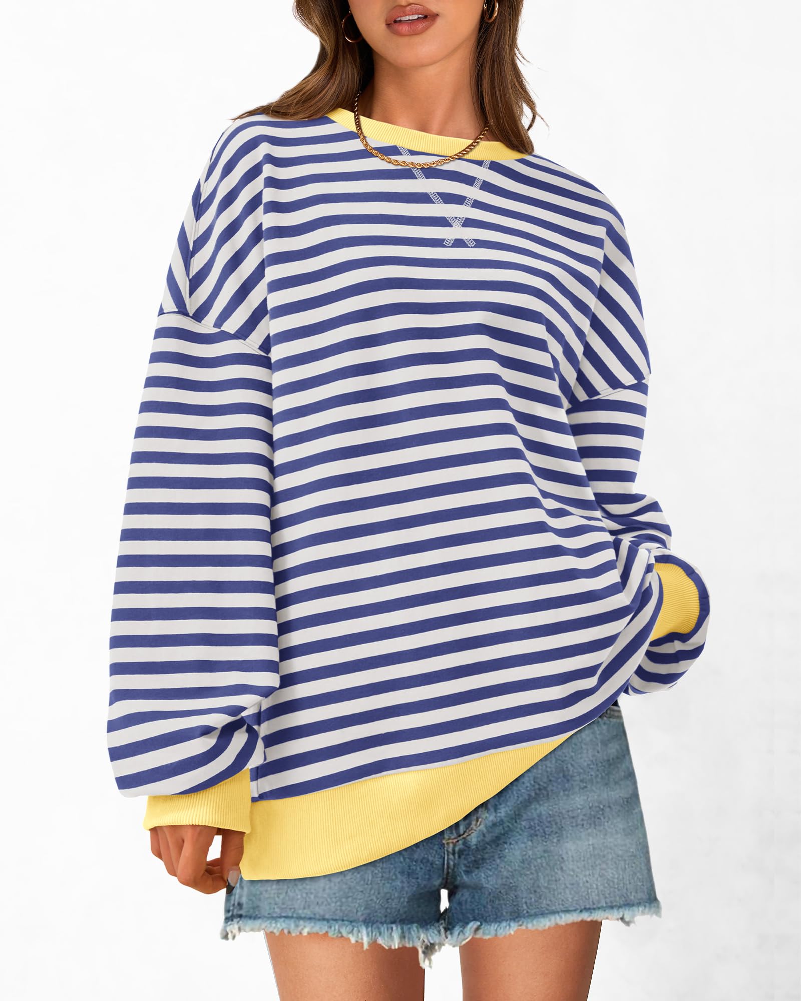 BTFBM Sweatshirt For Women Summer Crewneck Long Sleeve Oversized Striped Pullover Tops Y2K Clothes Workout Shirt
