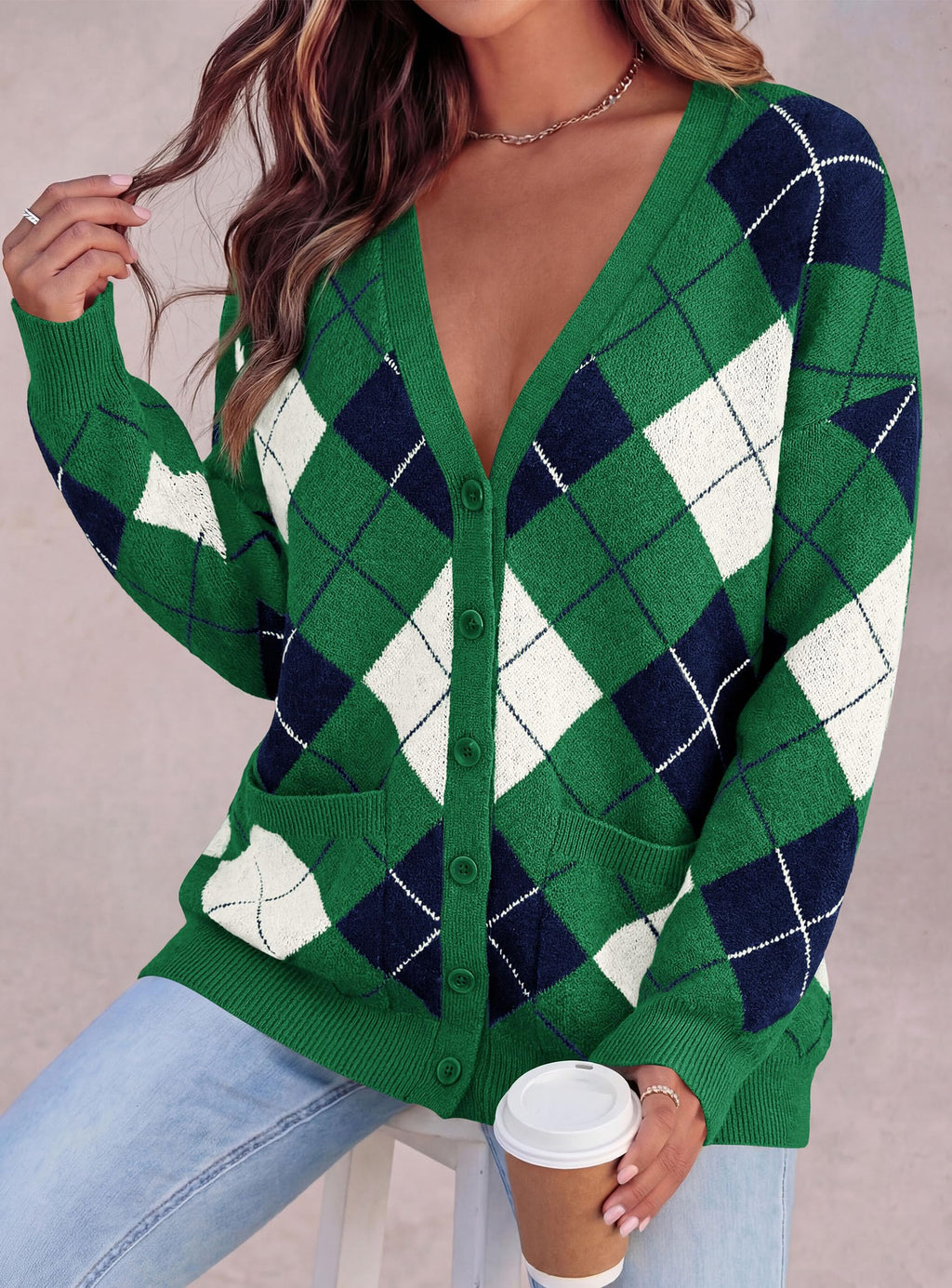 PRETTYGARDEN Women's Cardigan Argyle Winter Sweaters Cozy Warm Chunky Knit, Long Sleeve V Neck, Color Block Plaid, Button Up Pocket,Trendy Fall Jackets, Holiday Going Out Outfits