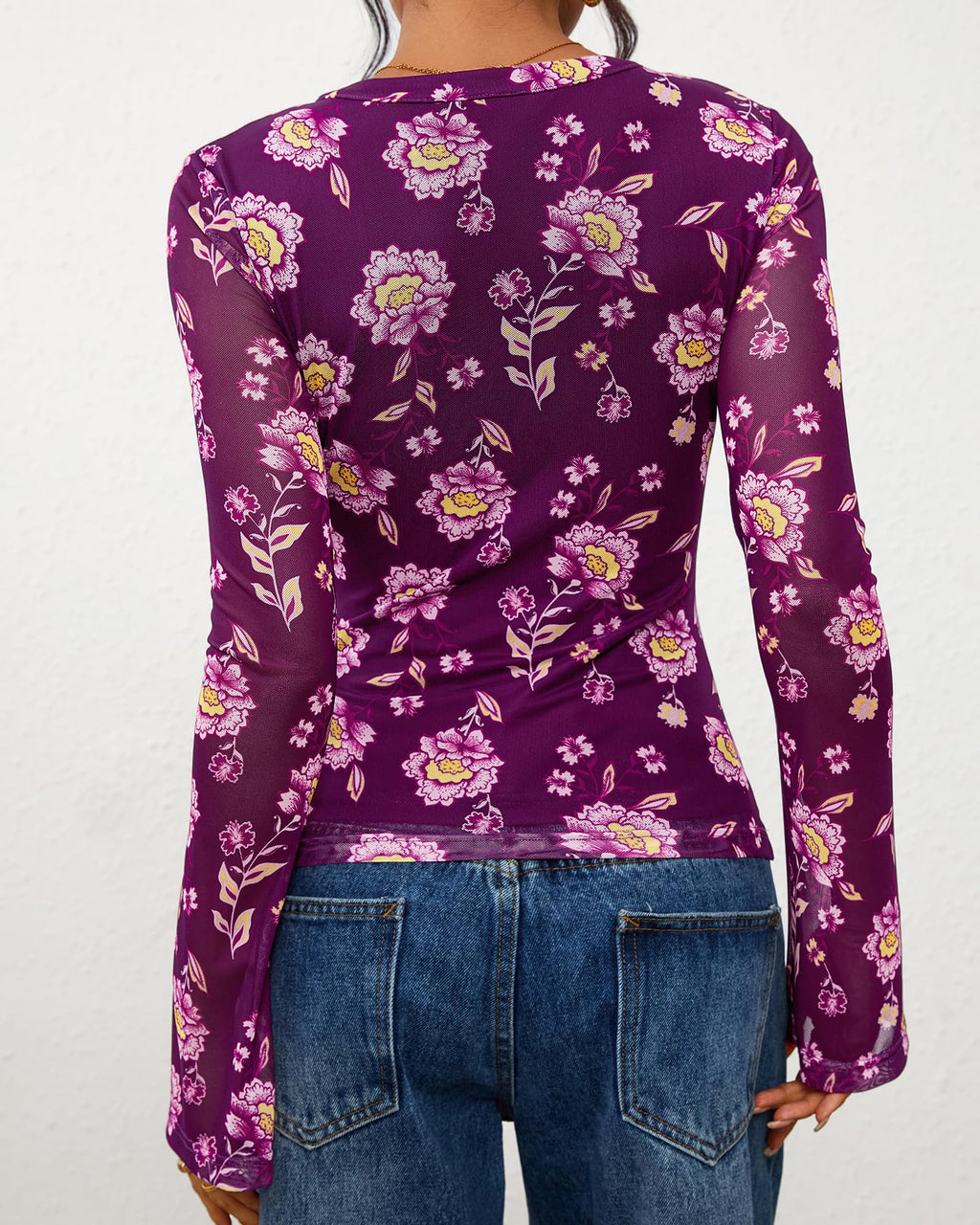 FreshPretty Button Down Shirts for Women Fall Fashion V Neck Long Sleeve Blouse Ruched Mesh Fitted Floral Print Boho Tops