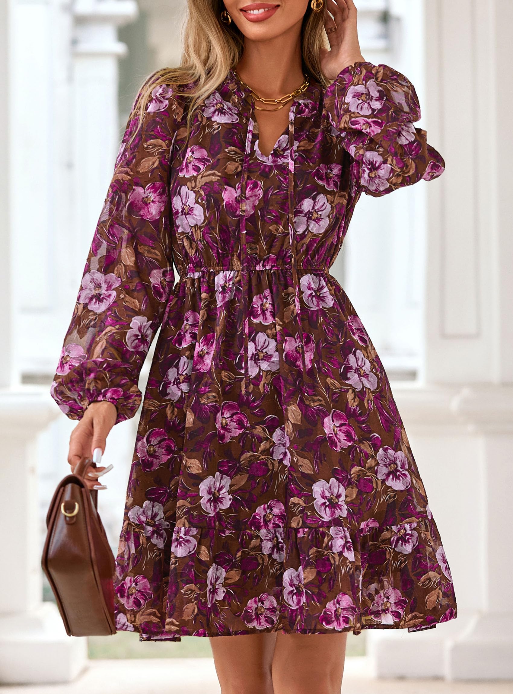 PRETTYGARDEN Women's Fall Boho Dresses  Floral Long Sleeve V Neck Mini Flowy Wedding Guest Dress Trendy Vacation Outfits