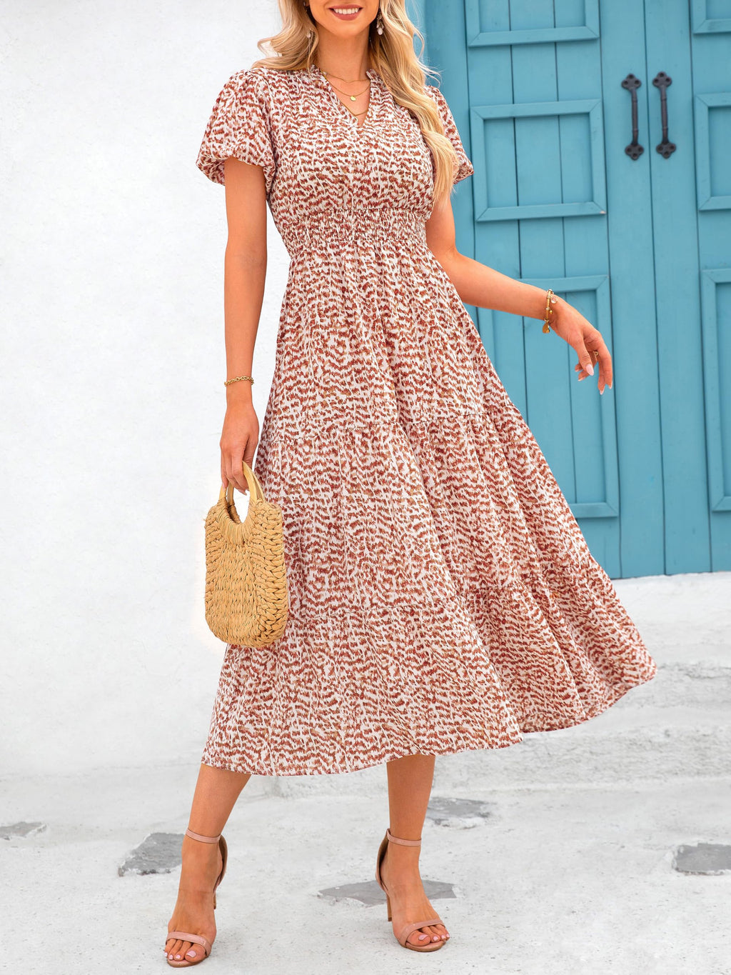 PRETTYGARDEN Summer Maxi Dresses for Women  Casual V Neck Puff Short Sleeve Smocked Flowy Beach Boho Long Floral Dress