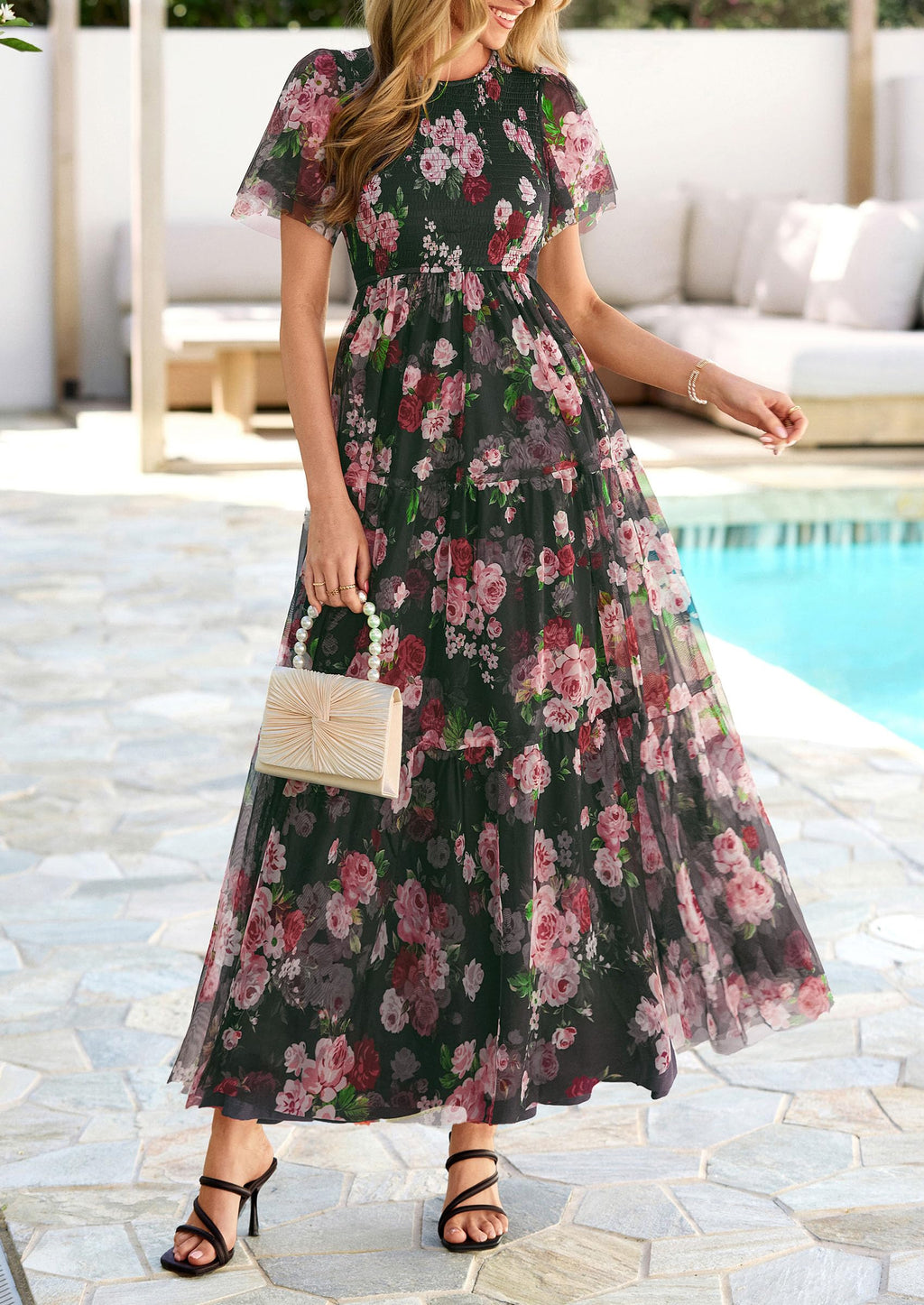 PRETTYGARDEN Tulle Floral Dress Women Summer Wedding Guest  Spring Short Sleeve Maxi Smocked Flowy Beach Party Dresses
