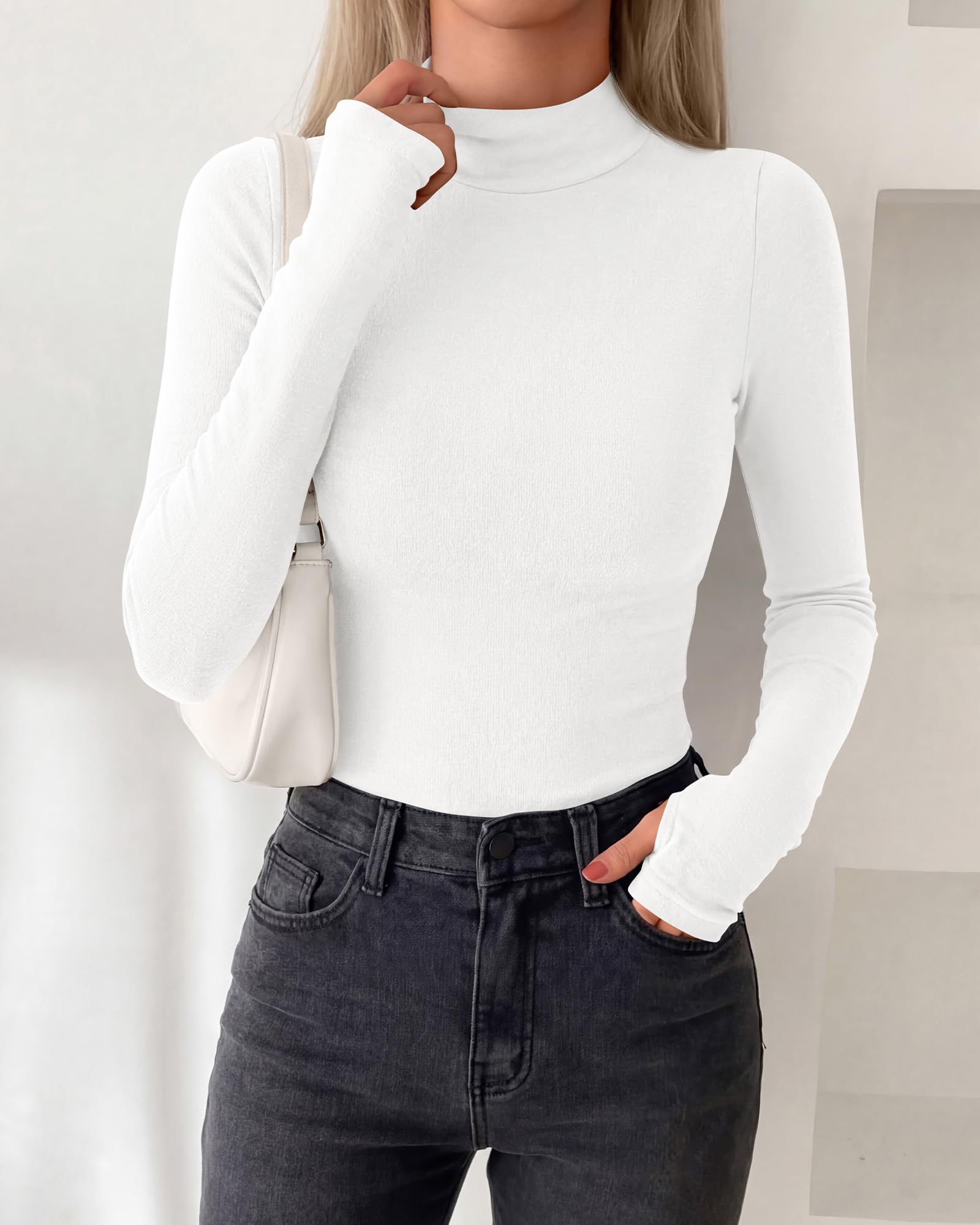 BTFBM Turtleneck Tops for Women Thumbhole Long Sleeve Shirts | Lightweight Fleece Lining, Casual Basic Layering Top, Slim Fit Stretch Winter Thermal Underwear, Fall Fashion Clothing