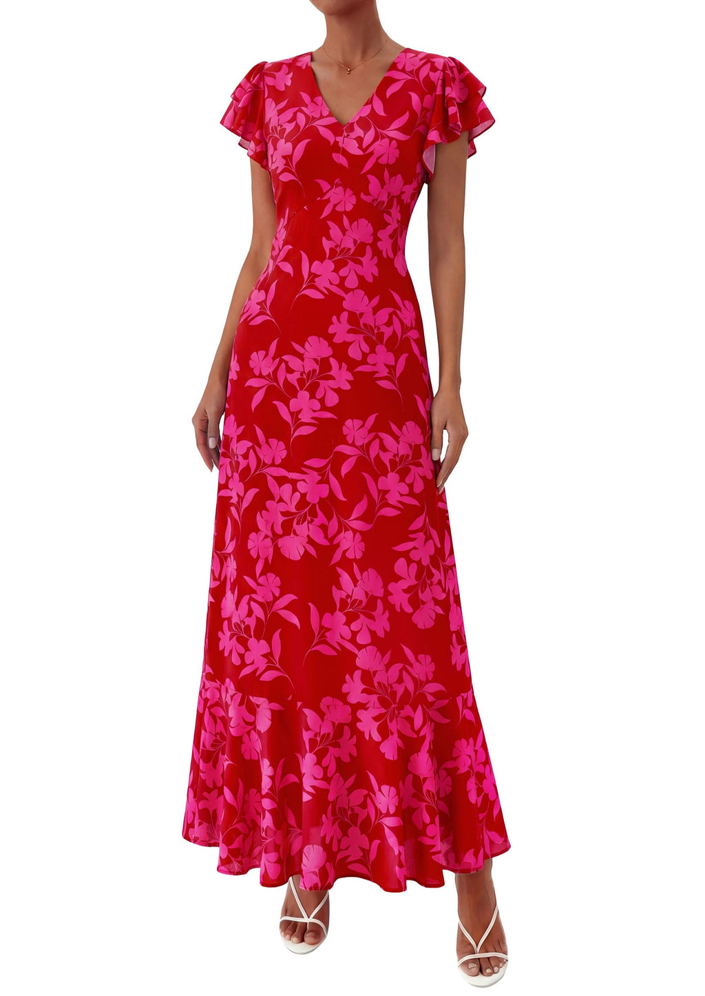 PRETTYGARDEN Womens Summer Floral Maxi Dresses Spring Short Sleeve Ruffle V Neck Flowy Boho Long Beach Vacation Sundress