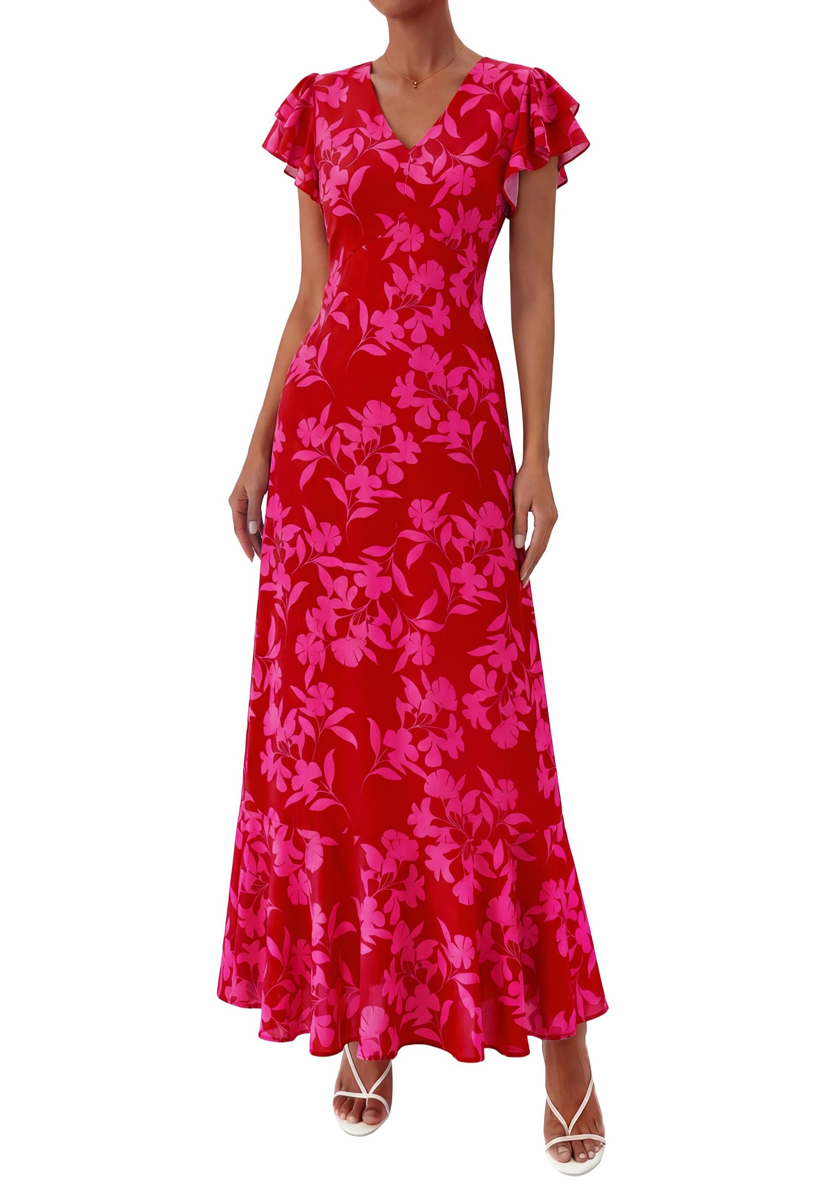 PRETTYGARDEN Womens Summer Floral Maxi Dresses Spring Short Sleeve Ruffle V Neck Flowy Boho Long Beach Vacation Sundress