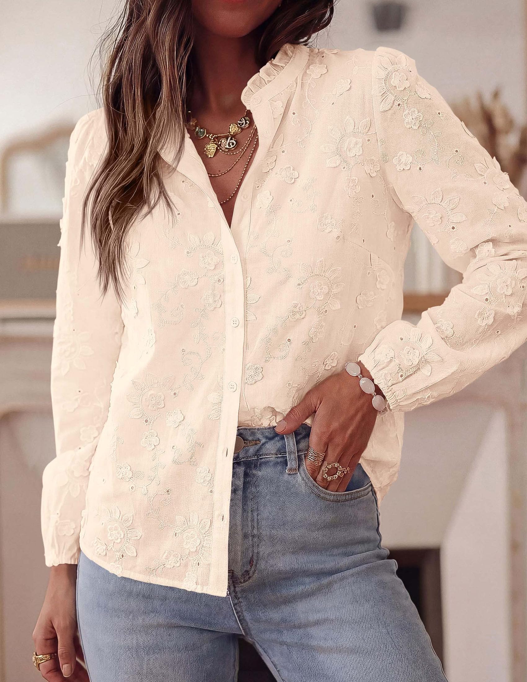 PRETTYGARDEN Women's Floral Embroidered Button Down Shirts | Ladies Dressy Fall Blouses, Long Sleeves, Ruffle Neck, Elegant Boho Eyelet Tops for Work, Business & Spring Casual Outings