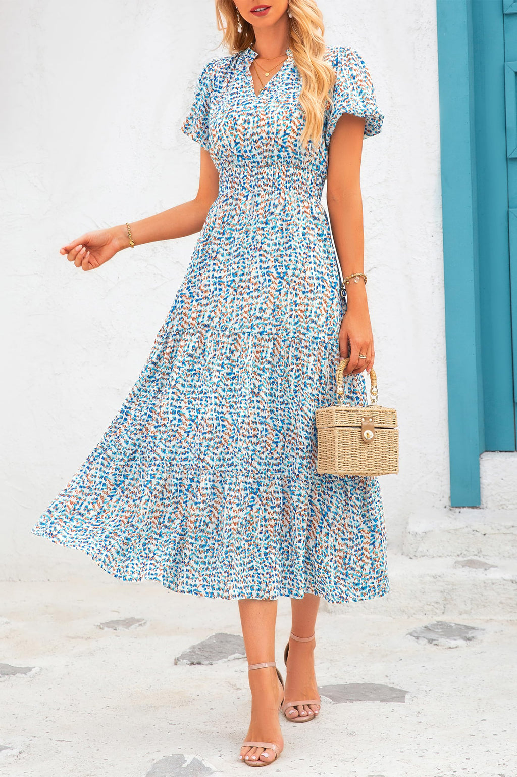 PRETTYGARDEN Summer Maxi Dresses for Women  Casual V Neck Puff Short Sleeve Smocked Flowy Beach Boho Long Floral Dress