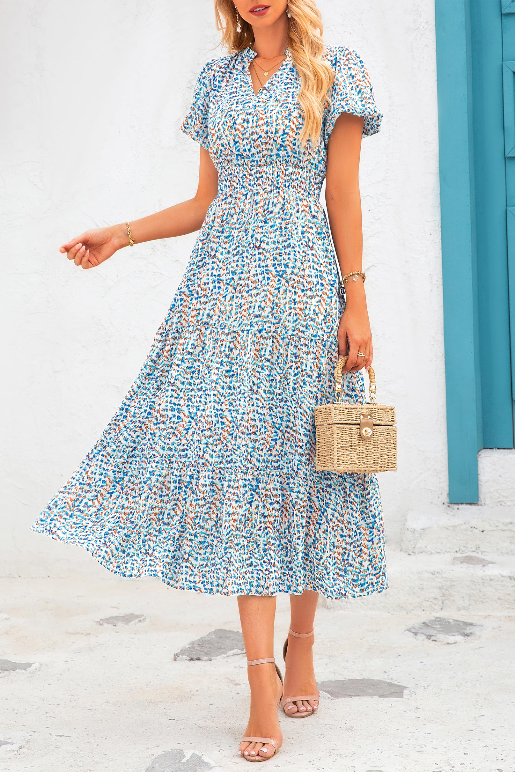 PRETTYGARDEN Summer Maxi Dresses for Women  Casual V Neck Puff Short Sleeve Smocked Flowy Beach Boho Long Floral Dress