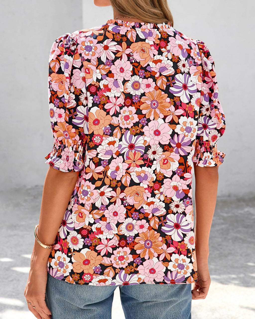 BTFBM Summer Blouses for Women Dressy Casual Fashion Spring Tops Floral Boho V Neck Puff Short Sleeve Top Shirts