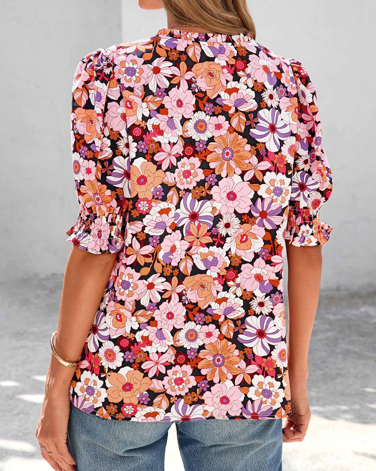 BTFBM Summer Blouses for Women Dressy Casual Fashion Spring Tops Floral Boho V Neck Puff Short Sleeve Top Shirts