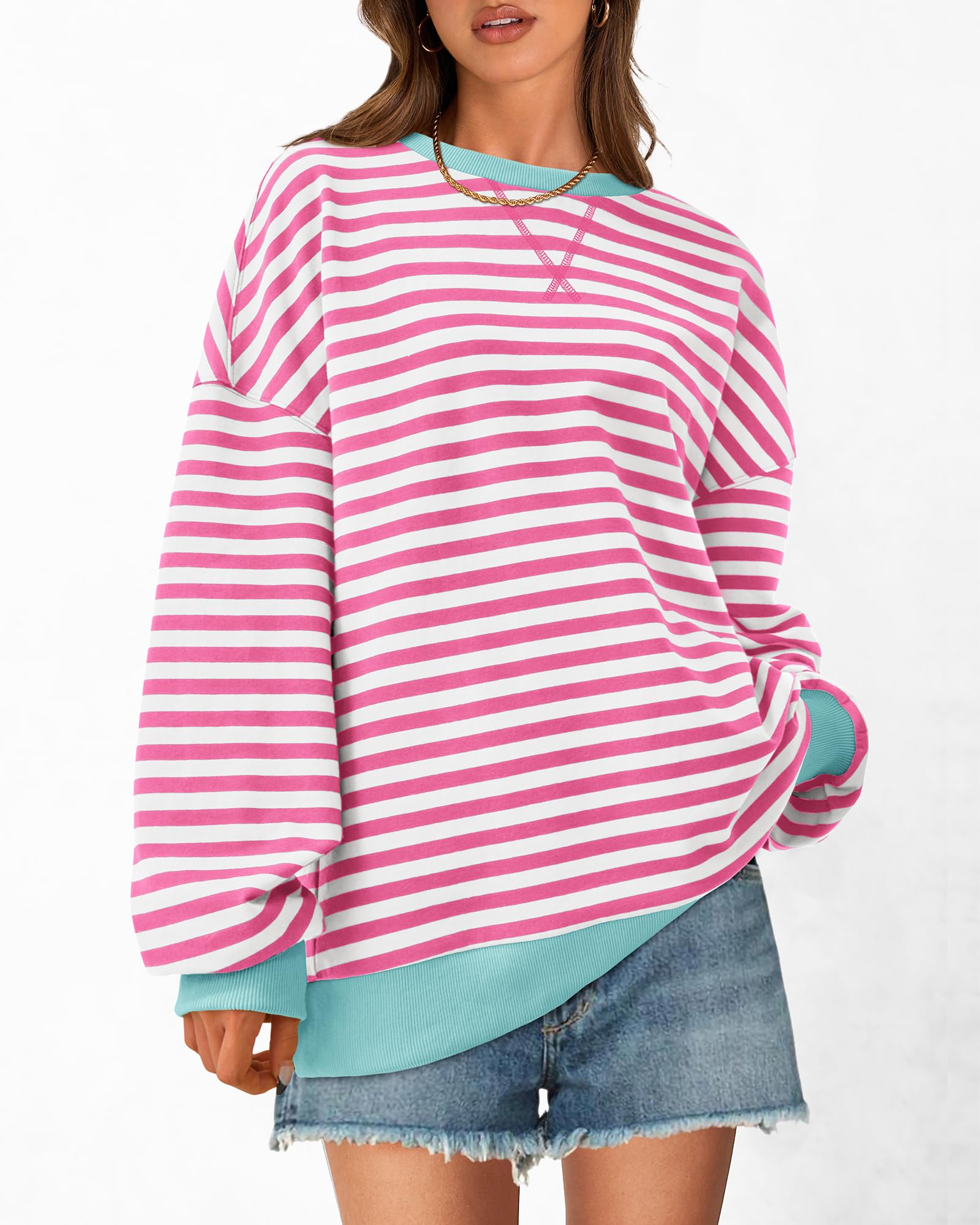 BTFBM Sweatshirt For Women Summer Crewneck Long Sleeve Oversized Striped Pullover Tops Y2K Clothes Workout Shirt