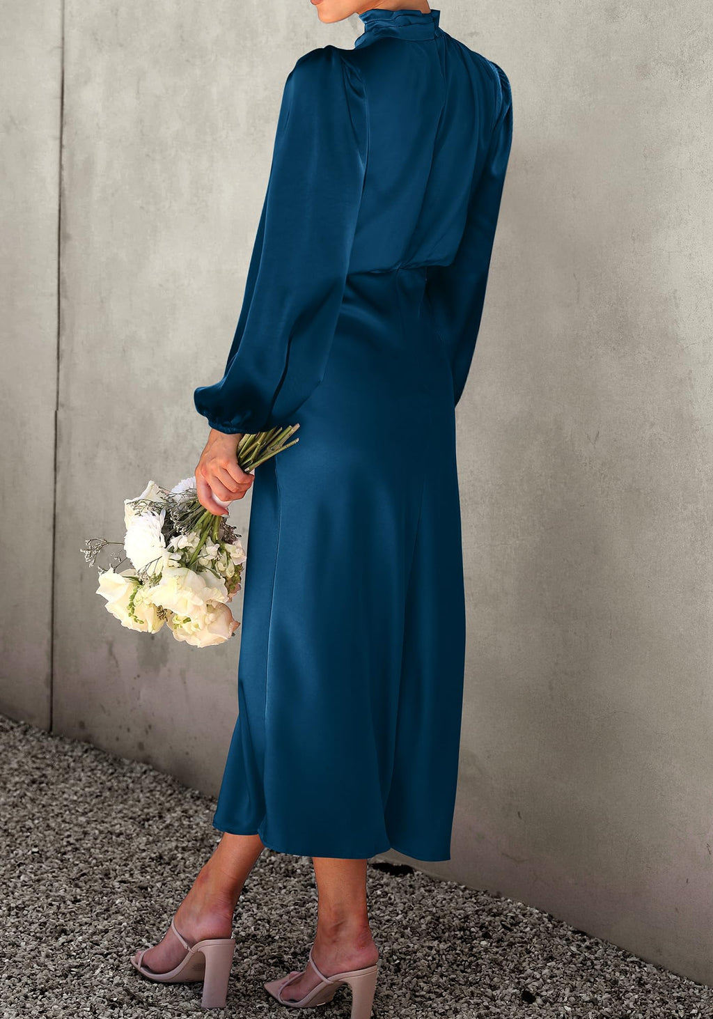 BTFBM Womens Mock Neck Satin Dress Spring Summer Long Sleeve Lightweight Formal Wedding Party Maxi Cocktail Dresses