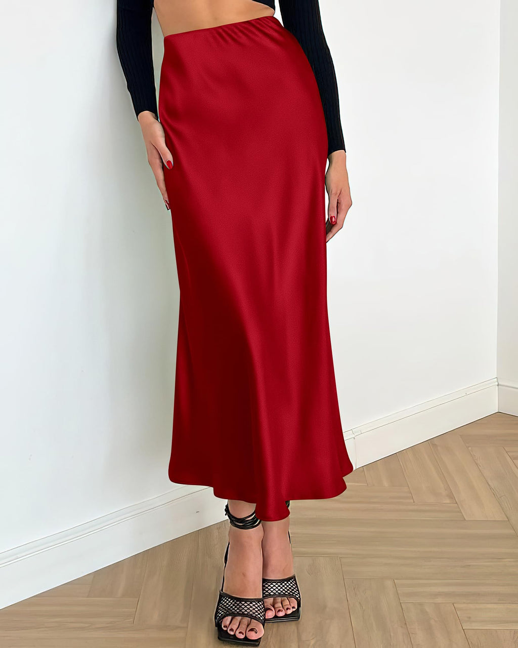 BTFBM Summer Womens Skirts Silk Elegant High Waist Flowy Long Satin A-Line Midi Skirt Cocktail Wedding Party