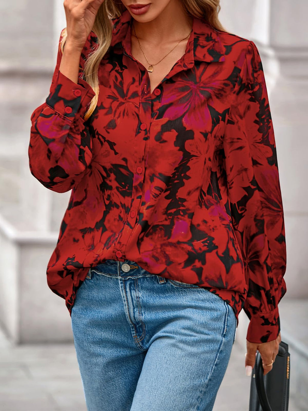 PRETTYGARDEN Women's Floral Blouses Dressy Casual V Neck Button Down Shirts Lantern Long Sleeve Boho Chiffon Spring Tops