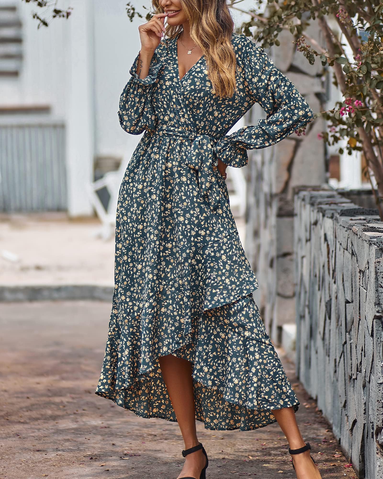 BTFBM Womens Dresses Summer V Neck Floral High Waist Ruffle Wedding Guest Cocktail Boho Spring Long Sleeve Dress