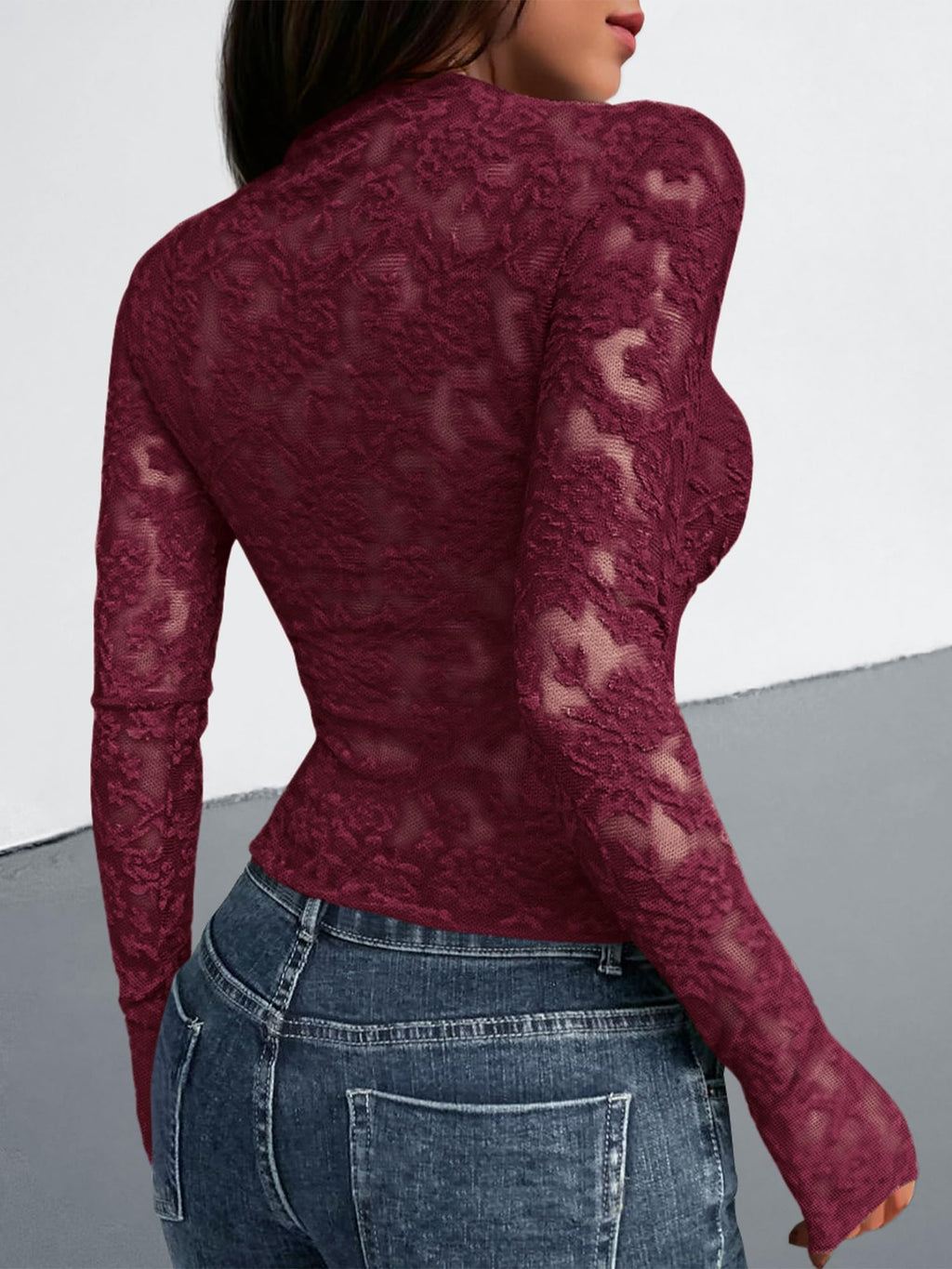 BTFBM Mesh Long Sleeve Tops for Women Lace Sheer Tight See Through Crew Neck Spring Fall Party Club Outfits